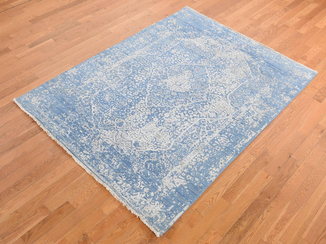 5'1" x 7'0" New Hand Knotted Blue Wool & Silk Rectangle Oriental Rug - MOA10280927