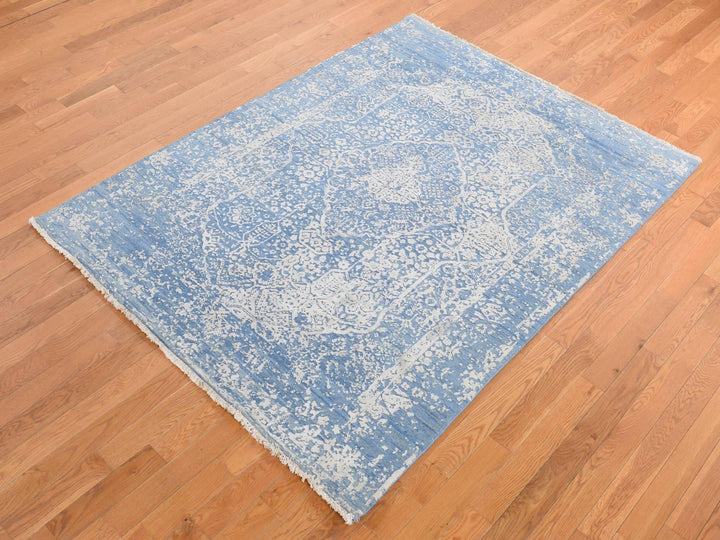 5'1" x 7'0" New Hand Knotted Blue Wool & Silk Rectangle Oriental Rug - MOA10280927
