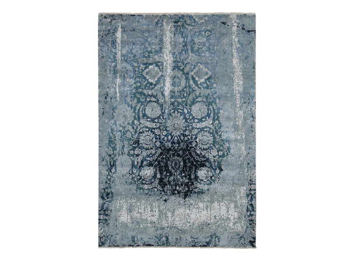 6'1" x 9'1" New Hand Knotted Grey Wool & Silk Rectangle Oriental Rug - MOA10280938
