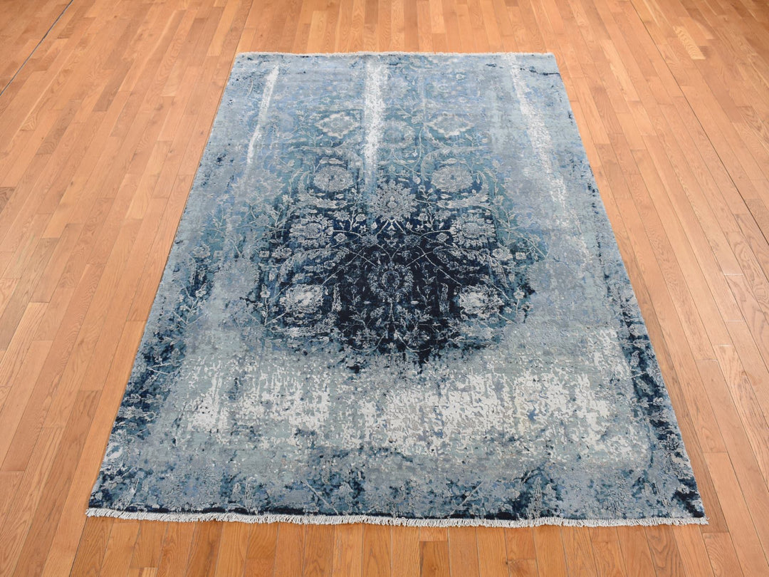 6'1" x 9'1" New Hand Knotted Blue Wool & Silk Rectangle Oriental Rug - MOA10280938