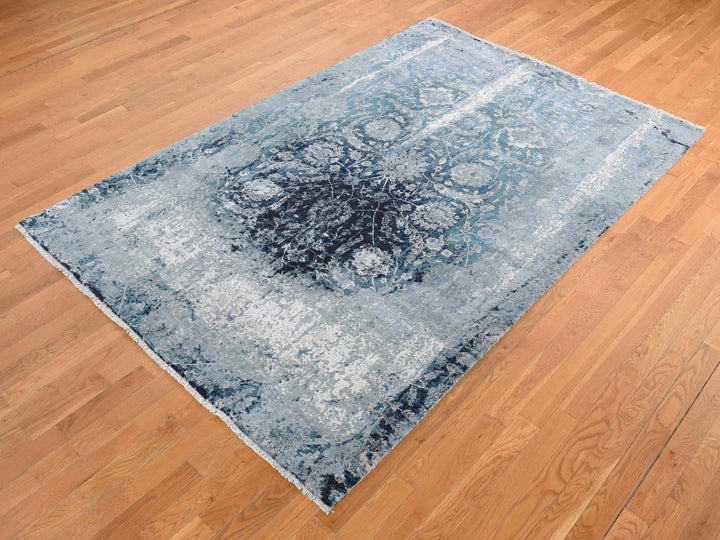 6'1" x 9'1" New Hand Knotted Grey Wool & Silk Rectangle Oriental Rug - MOA10280938