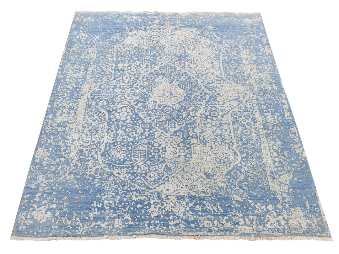 5'1" x 7'0" New Hand Knotted Blue Wool & Silk Rectangle Oriental Rug - MOA10280958