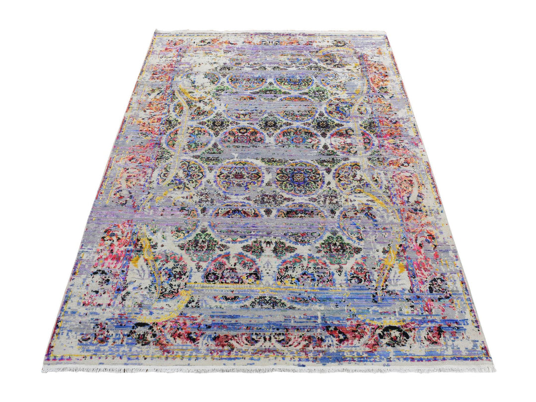 6'0" x 9'1" New Hand Knotted Grey Wool & Silk Rectangle Oriental Rug - MOA10280965