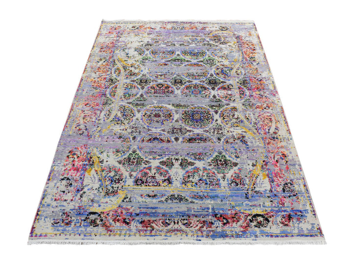 6'0" x 9'1" New Hand Knotted Grey Wool & Silk Rectangle Oriental Rug - MOA10280965