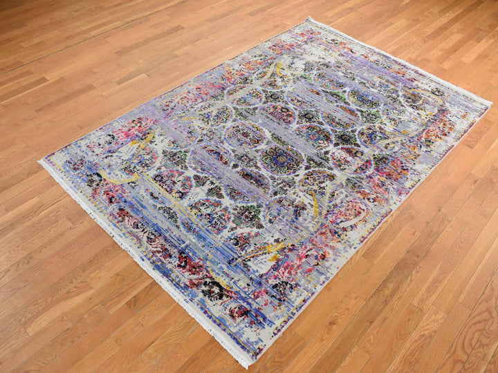 6'0" x 9'1" New Hand Knotted Grey Wool & Silk Rectangle Oriental Rug - MOA10280965