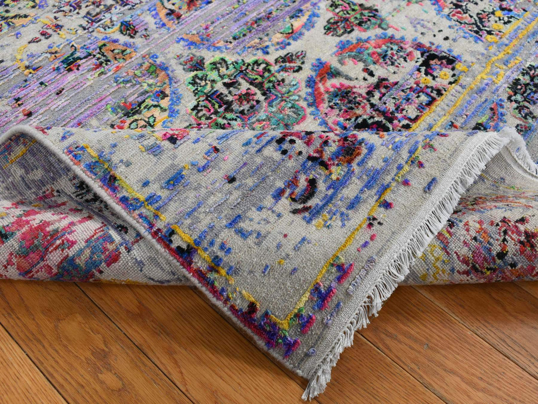 6'0" x 9'1" New Hand Knotted Grey Wool & Silk Rectangle Oriental Rug - MOA10280965