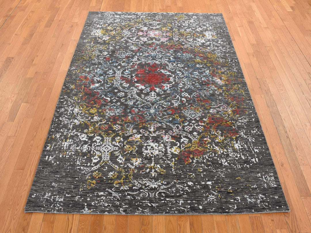 6'1" x 9'2" New Hand Knotted Black Wool & Silk Rectangle Oriental Rug - MOA10280969