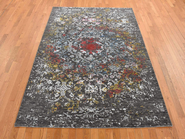 6'1" x 9'2" New Hand Knotted Black Wool & Silk Rectangle Oriental Rug - MOA10280969