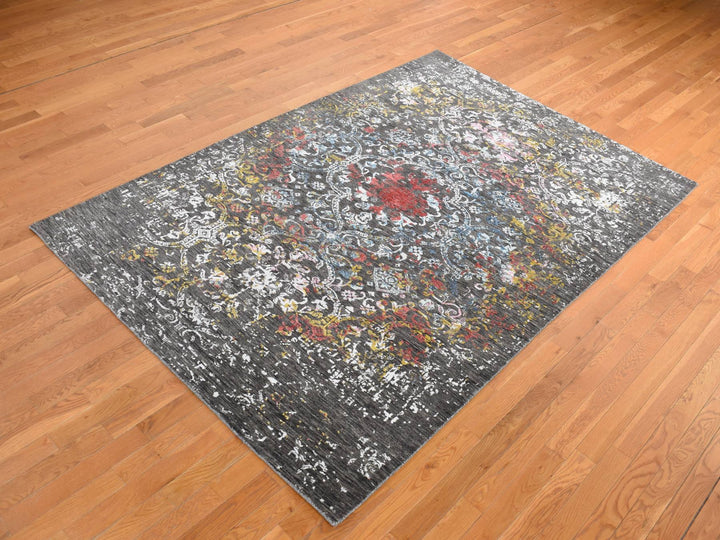 6'1" x 9'2" New Hand Knotted Black Wool & Silk Rectangle Oriental Rug - MOA10280969