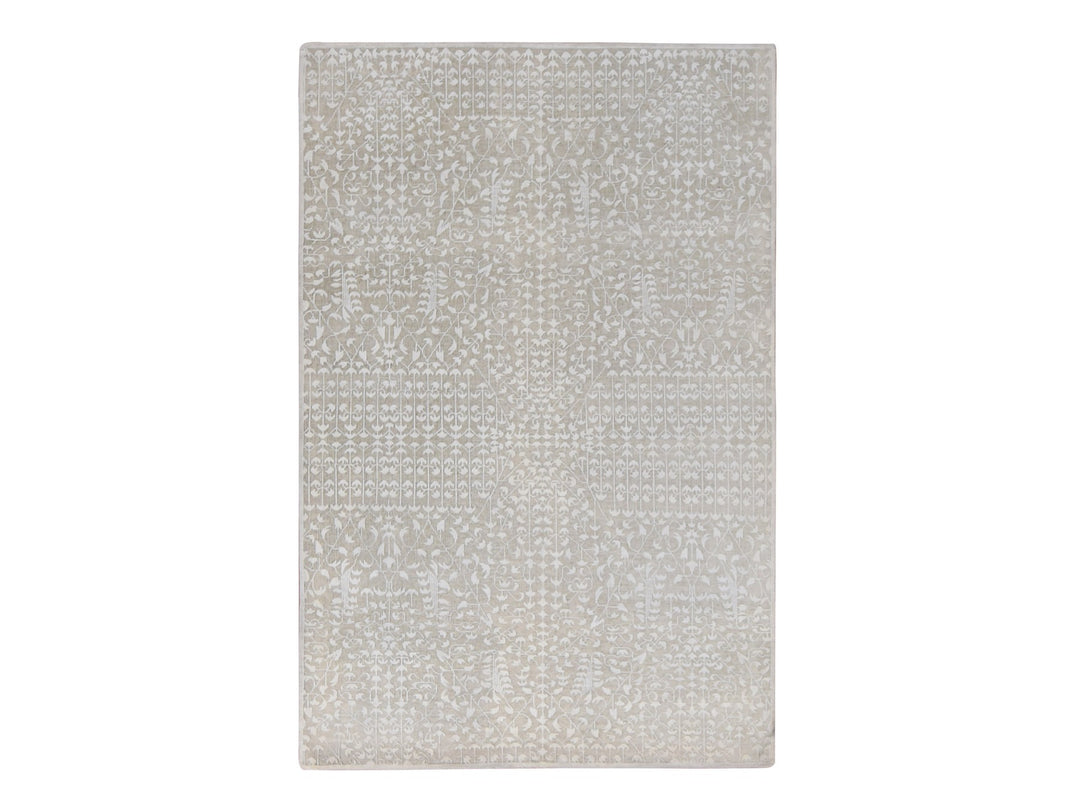 6'1" x 9'4" New Hand Knotted Ivory Wool & Silk Rectangle Oriental Rug - MOA10280971