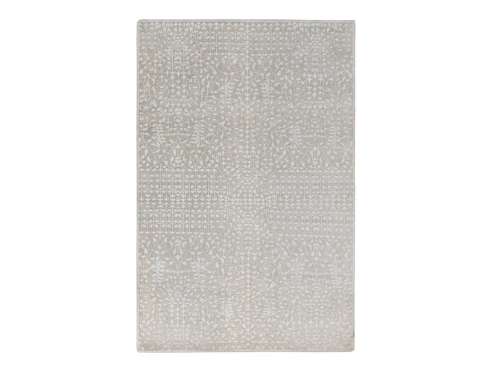 6'1" x 9'4" New Hand Knotted Ivory Wool & Silk Rectangle Oriental Rug - MOA10280971