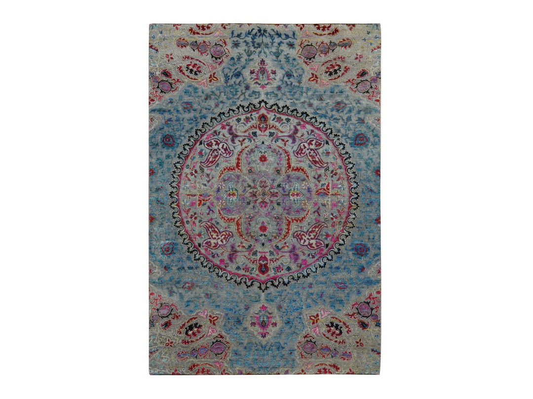 6'0" x 9'0" New Hand Knotted Brown Wool & Sari Silk Rectangle Oriental Rug - MOA10280972