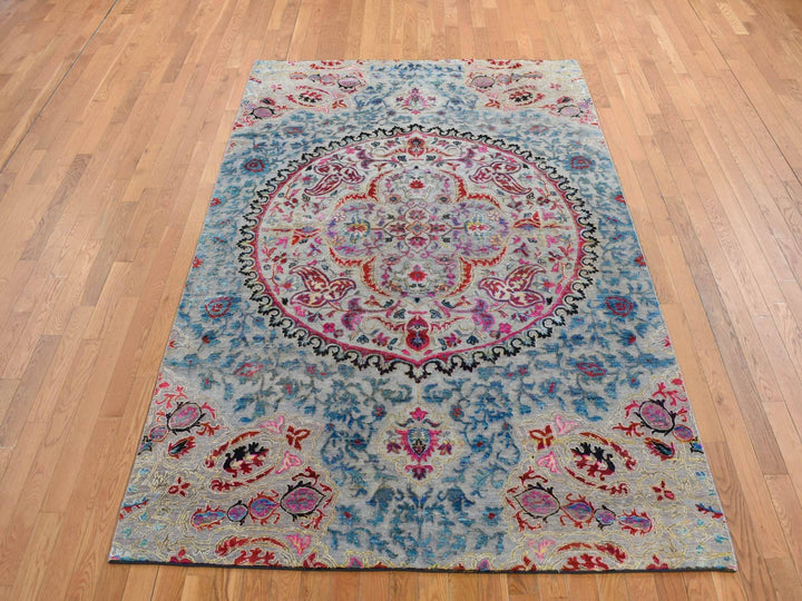 6'0" x 9'0" New Hand Knotted Brown Wool & Sari Silk Rectangle Oriental Rug - MOA10280972