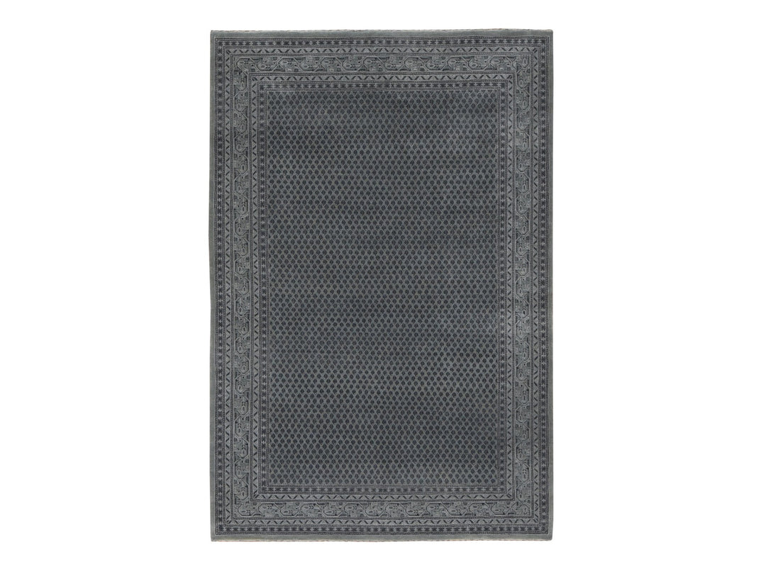 6'0" x 9'0" New Hand Knotted Grey Wool & Silk Rectangle Oriental Rug - MOA10280974