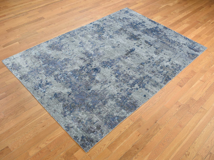 6'0" x 8'10" New Hand Knotted Grey Wool & Silk Rectangle Oriental Rug - MOA10280980