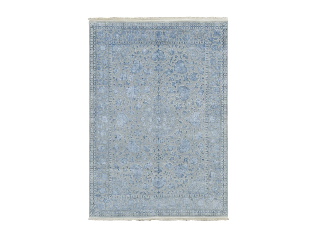 5'7" x 7'10" New Hand Knotted Grey Wool & Silk Rectangle Oriental Rug - MOA10280982