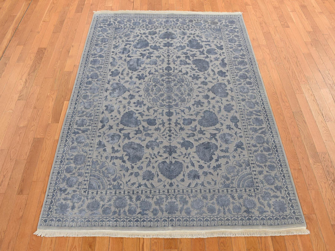 5'7" x 7'10" New Hand Knotted Grey Wool & Silk Rectangle Oriental Rug - MOA10280982