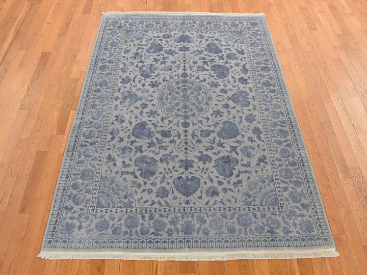 5'7" x 7'10" New Hand Knotted Grey Wool & Silk Rectangle Oriental Rug - MOA10280982
