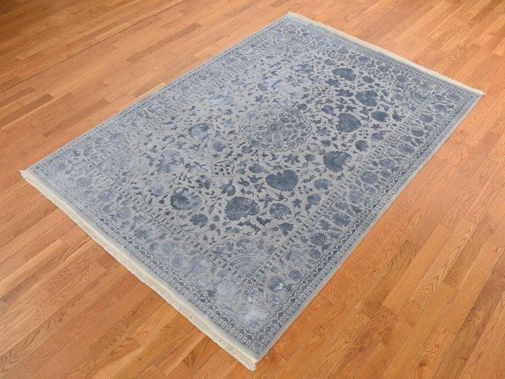 5'7" x 7'10" New Hand Knotted Grey Wool & Silk Rectangle Oriental Rug - MOA10280982