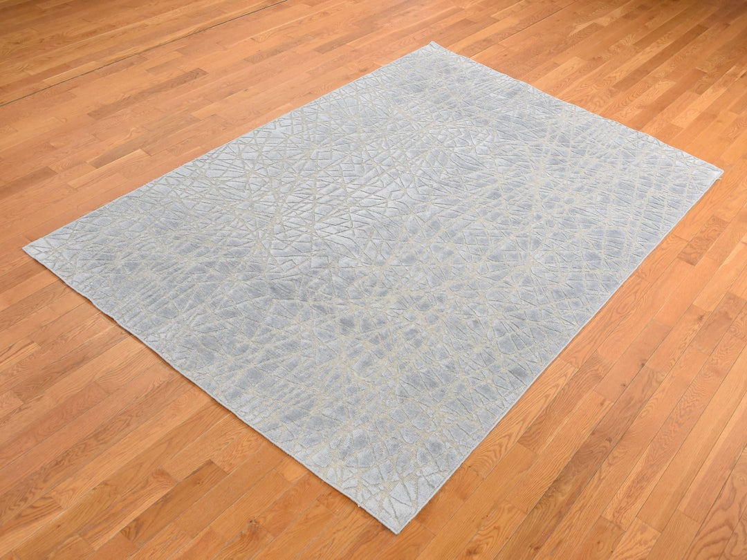 6'0" x 8'10" New Hand Knotted Grey Wool & Silk Rectangle Oriental Rug - MOA10280984