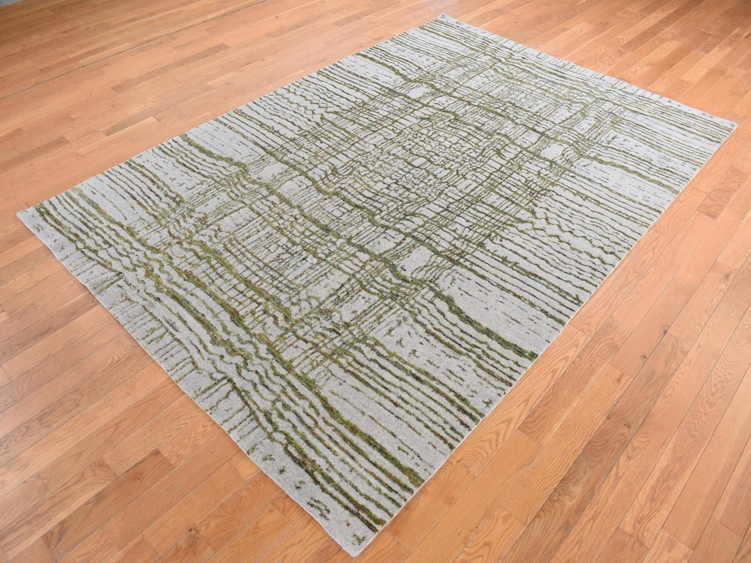 6'0" x 8'9" New Hand Loomed Grey Wool & Silk Rectangle Oriental Rug - MOA10280988