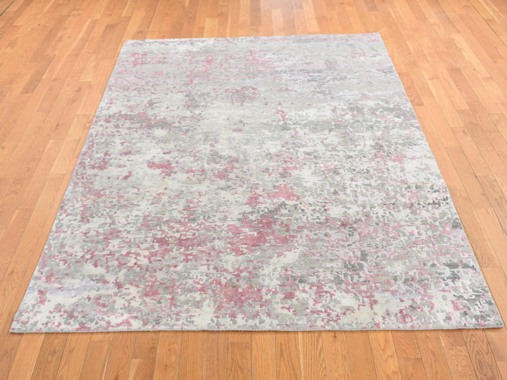 5'10" x 8'9" New Hand Knotted Pink Wool & Silk Rectangle Oriental Rug - MOA10280989
