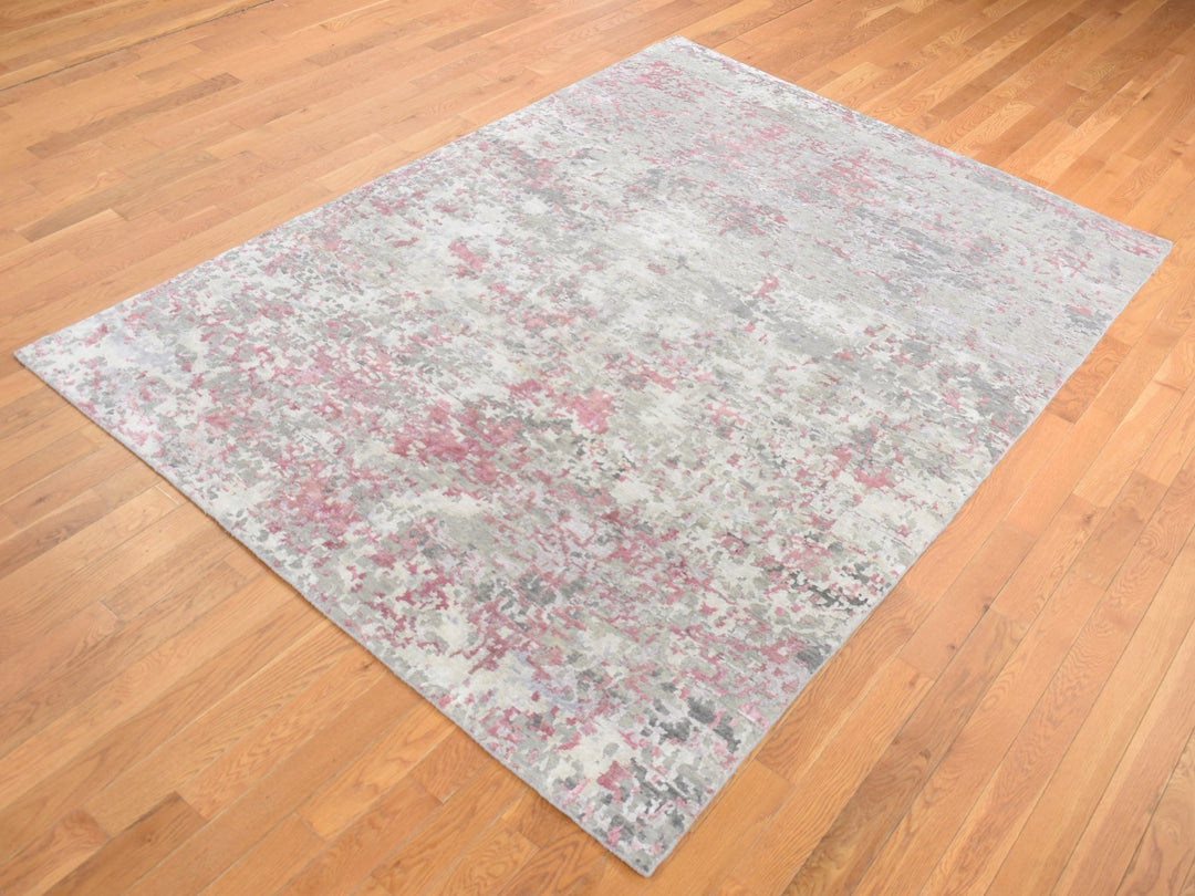 5'10" x 8'9" New Hand Knotted Pink Wool & Silk Rectangle Oriental Rug - MOA10280989