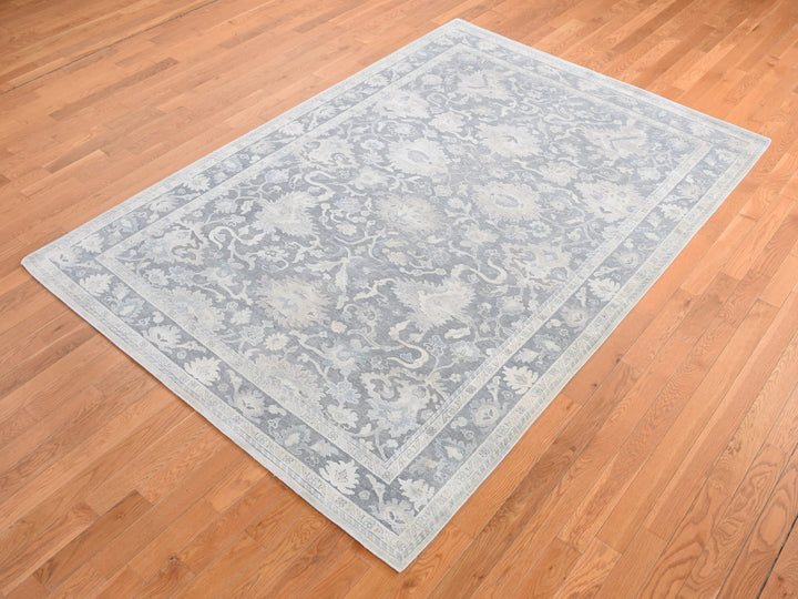 6'1" x 8'9" New Hand Knotted Grey Wool & Silk Rectangle Oriental Rug - MOA10280990