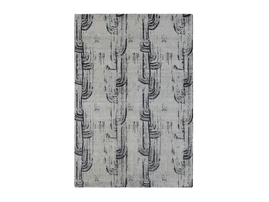 6'0" x 9'0" New Hand Knotted Grey Wool & Silk Rectangle Oriental Rug - MOA10280994