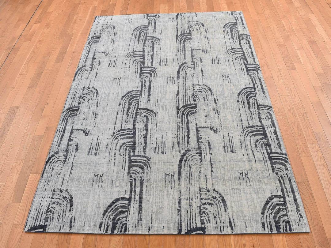 6'0" x 9'0" New Hand Knotted Grey Wool & Silk Rectangle Oriental Rug - MOA10280994