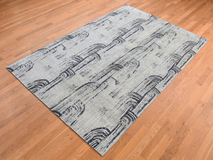 6'0" x 9'0" New Hand Knotted Grey Wool & Silk Rectangle Oriental Rug - MOA10280994