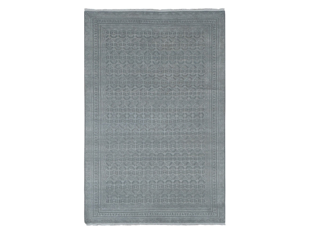 6'0" x 9'1" New Hand Knotted Grey Wool & Silk Rectangle Oriental Rug - MOA10280995