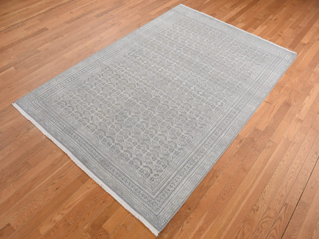 6'0" x 9'1" New Hand Knotted Grey Wool & Silk Rectangle Oriental Rug - MOA10280995