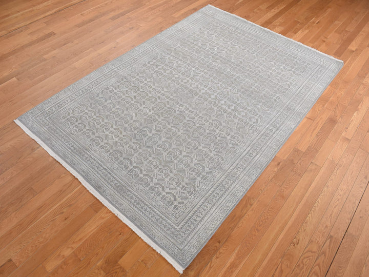 6'0" x 9'1" New Hand Knotted Grey Wool & Silk Rectangle Oriental Rug - MOA10280995