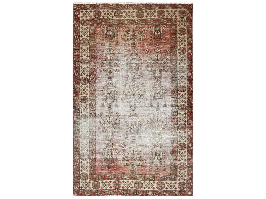 3'9" x 6'0" Vintage Hand Knotted Brown Worn Wool Rectangle Oriental Rug - MOA10281037