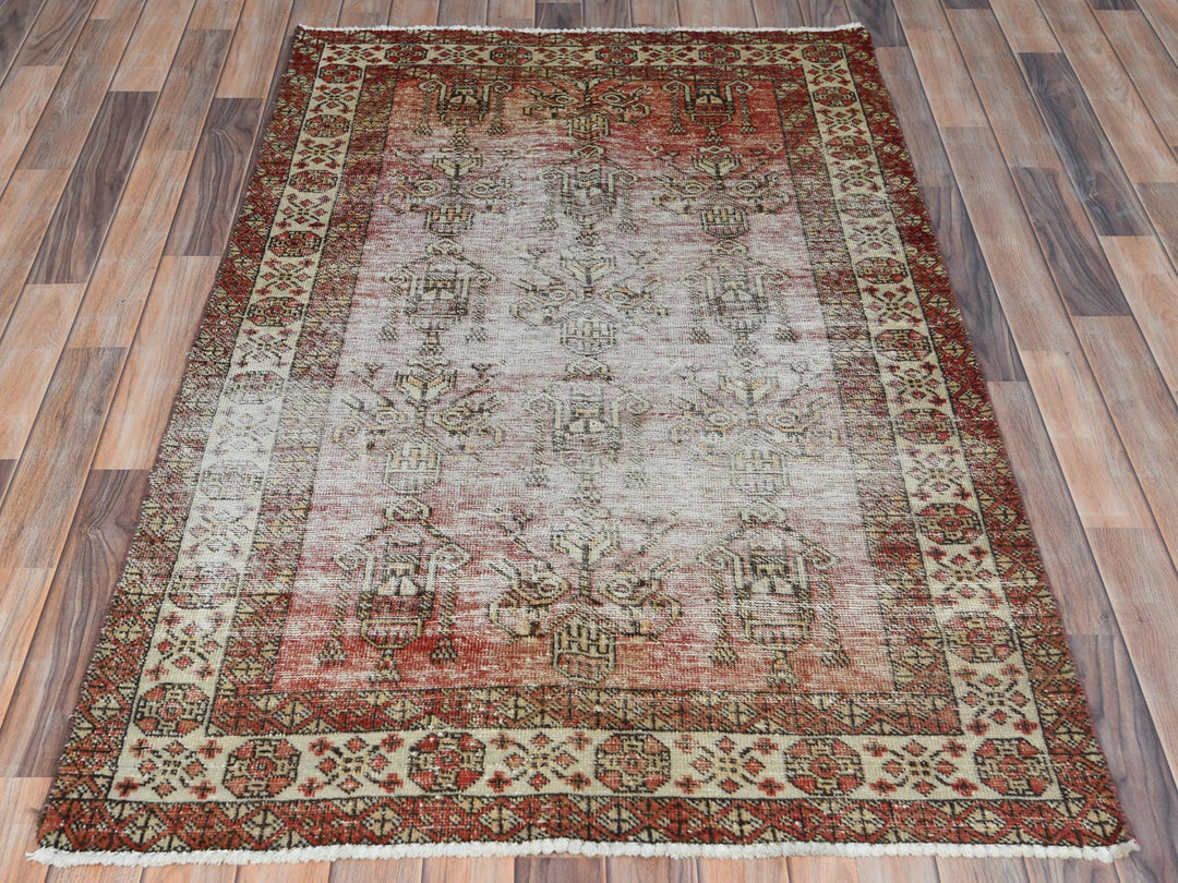 3'9" x 6'0" Vintage Hand Knotted Brown Worn Wool Rectangle Oriental Rug - MOA10281037