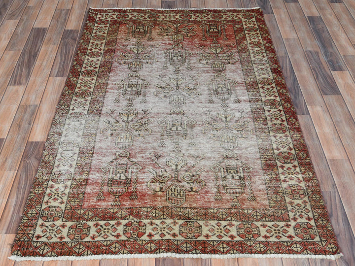 3'9" x 6'0" Vintage Hand Knotted Brown Worn Wool Rectangle Oriental Rug - MOA10281037