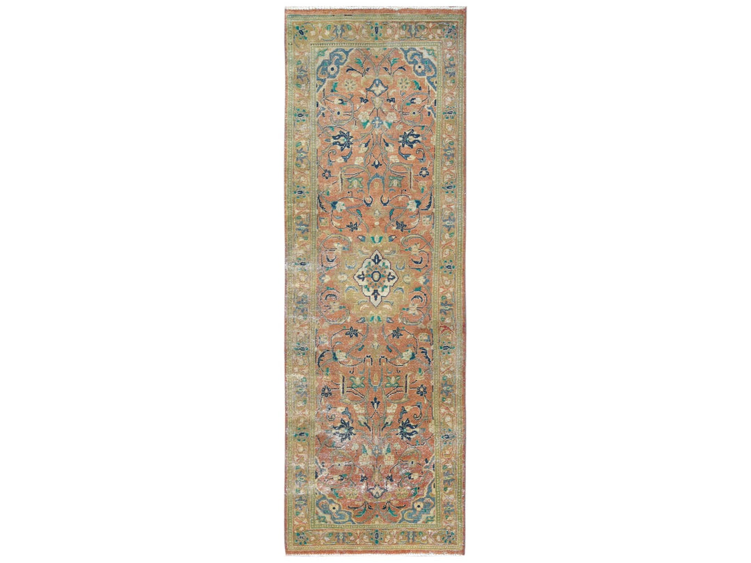 3'5" x 10'5" Vintage Hand Knotted Red Worn Wool Runner Oriental Rug - MOA10281049