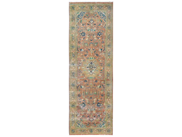 3'5" x 10'5" Vintage Hand Knotted Red Worn Wool Runner Oriental Rug - MOA10281049