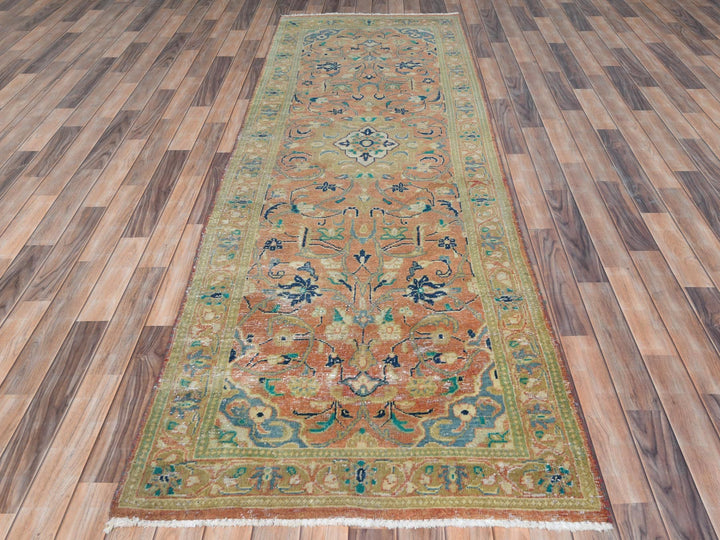 3'5" x 10'5" Vintage Hand Knotted Red Worn Wool Runner Oriental Rug - MOA10281049