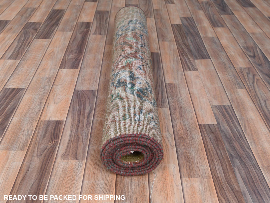 3'5" x 10'5" Vintage Hand Knotted Red Worn Wool Runner Oriental Rug - MOA10281049