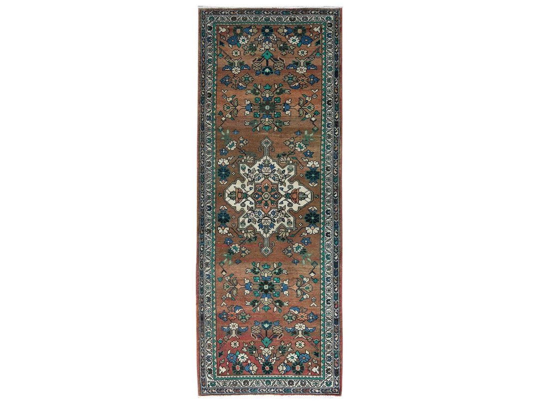 3'7" x 9'9" Vintage Hand Knotted Brown Worn Wool Runner Oriental Rug - MOA10281061