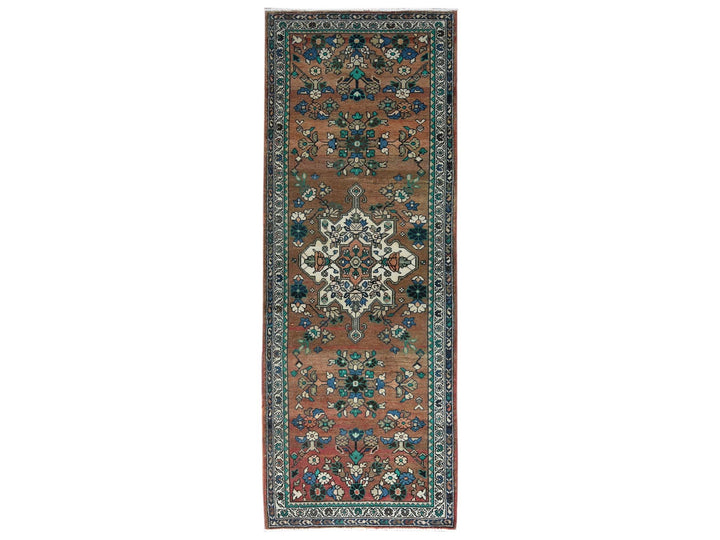 3'7" x 9'9" Vintage Hand Knotted Brown Worn Wool Runner Oriental Rug - MOA10281061