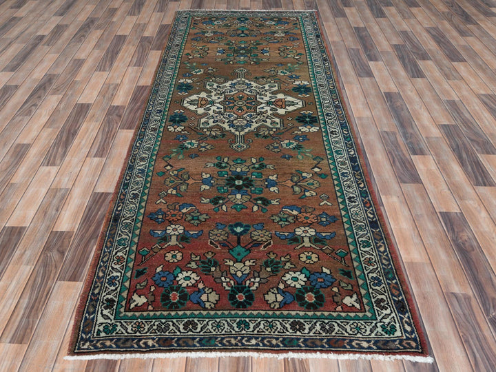 3'7" x 9'9" Vintage Hand Knotted Brown Worn Wool Runner Oriental Rug - MOA10281061