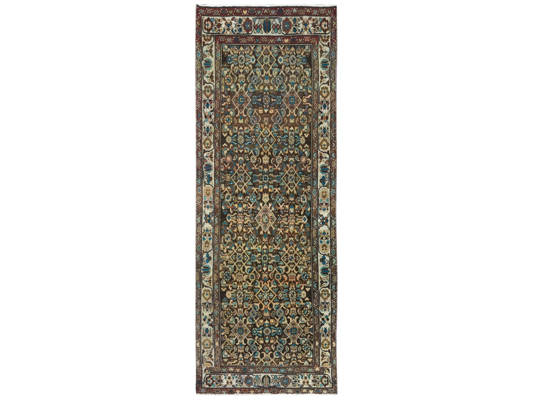 3'7" x 9'10" Vintage Hand Knotted Brown Worn Wool Runner Oriental Rug - MOA10281073