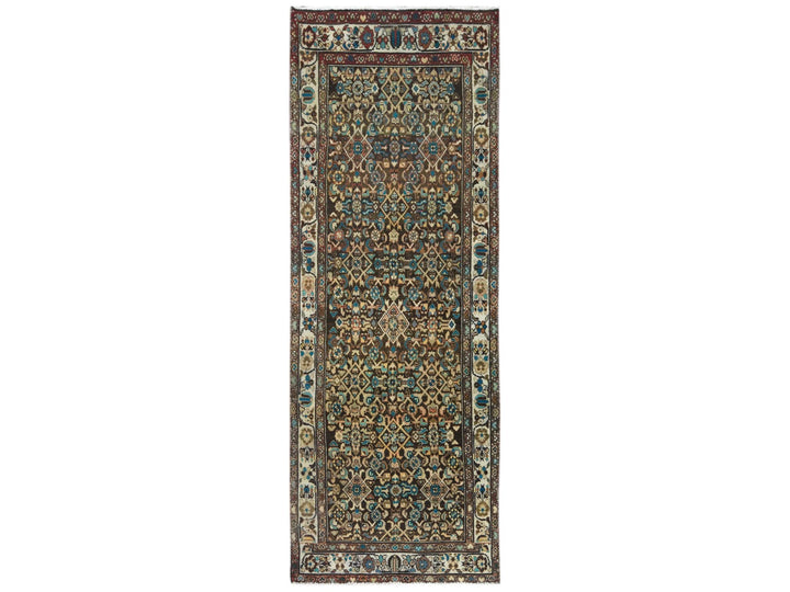 3'7" x 9'10" Vintage Hand Knotted Brown Worn Wool Runner Oriental Rug - MOA10281073