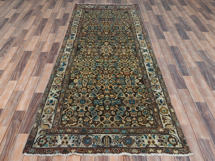 3'7" x 9'10" Vintage Hand Knotted Brown Worn Wool Runner Oriental Rug - MOA10281073