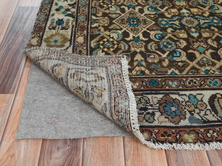 3'7" x 9'10" Vintage Hand Knotted Brown Worn Wool Runner Oriental Rug - MOA10281073