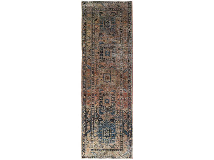 3'5" x 10'6" Vintage Hand Knotted Brown Worn Wool Runner Oriental Rug - MOA10281077