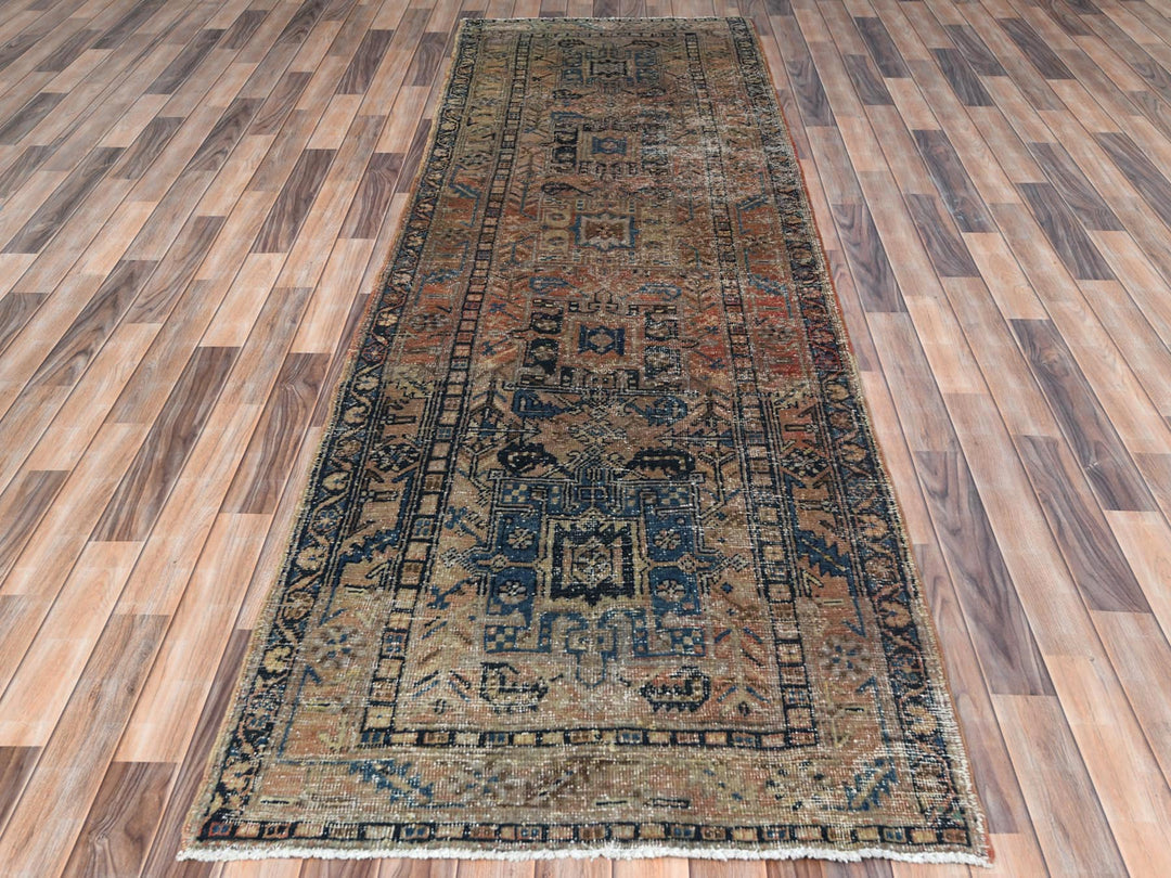 3'5" x 10'6" Vintage Hand Knotted Brown Worn Wool Runner Oriental Rug - MOA10281077